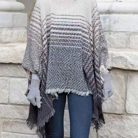Poncho Hooded Super Soft Knit Shawl Gray Stripe Modern Boho Chic One Size NWT - Picture 1 of 5